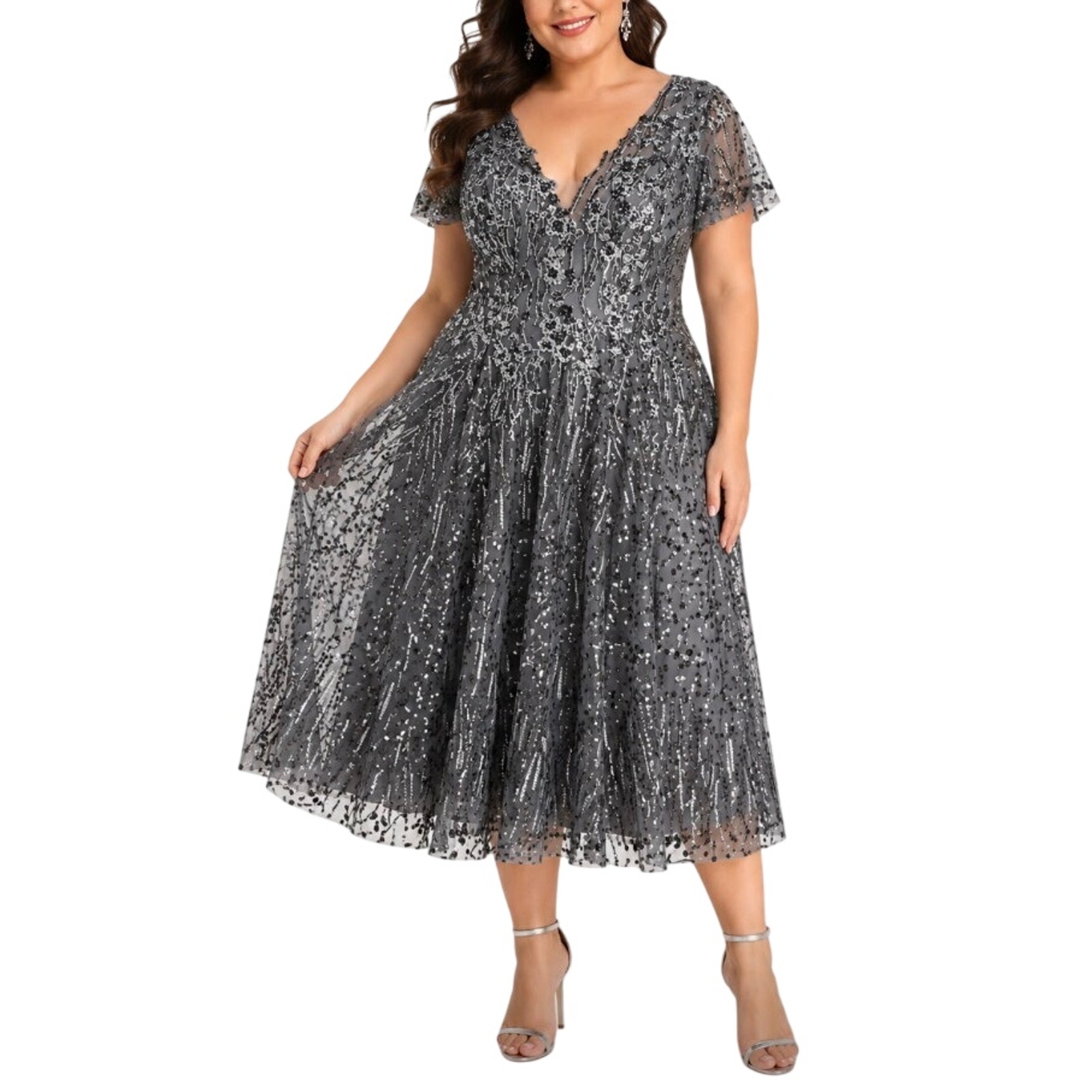 Mac Duggal 20392 Silver Sequin Cocktail Dress Short Sleeve Fit And Flare Size 18